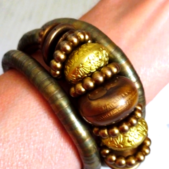 Brassy Boho Wood & Gold Tone-Bead Smooth Puka-Style Spiral Bangle Bracelet Combo - Picture 3 of 12